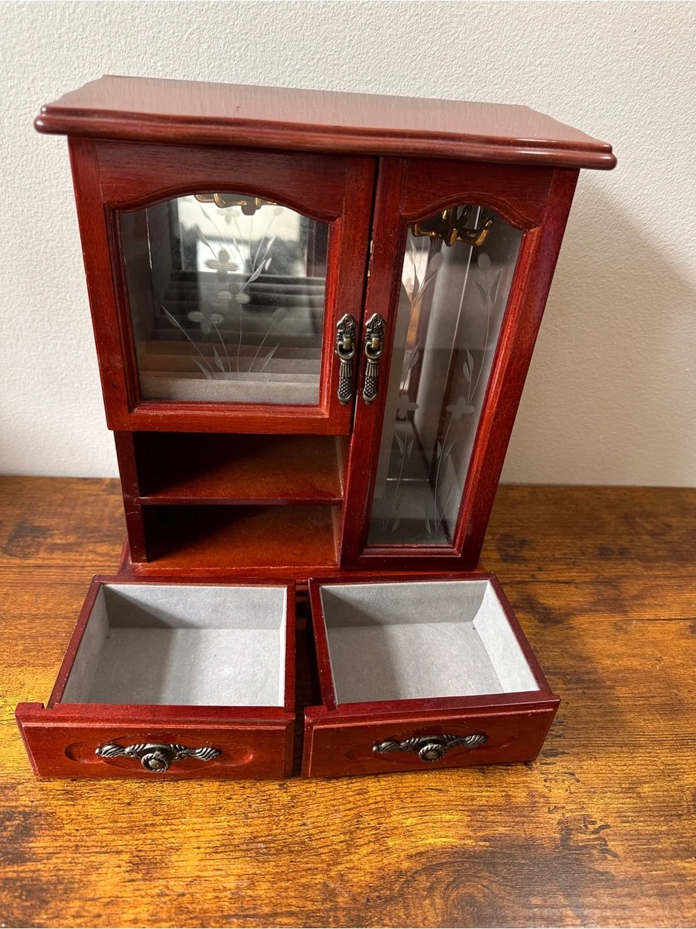 Vintage 1980s Wooden Jewelry Box Floral Door 2 Drawers Necklace Hanger Rings 11